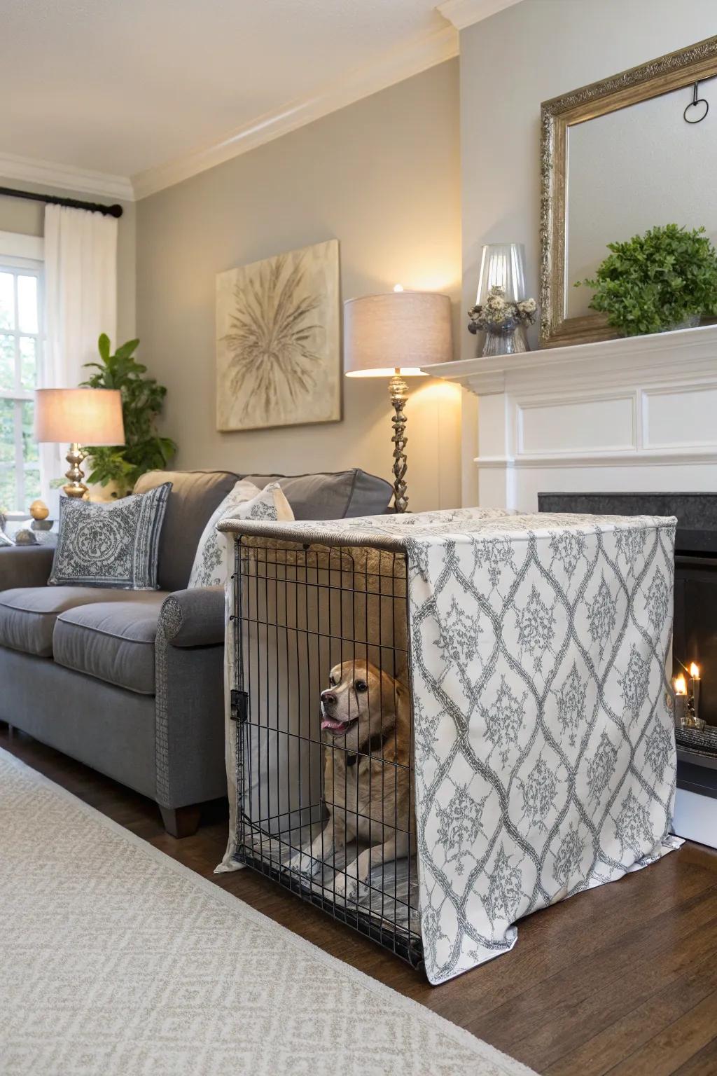 A concealed canine crate with a fashionable covering that integrates smoothly into the lounge d&eacute;cor.