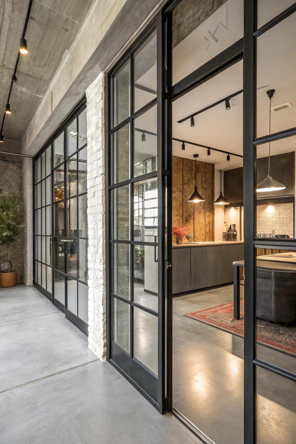 Achieve an industrial chic appearance with steel supported doors.