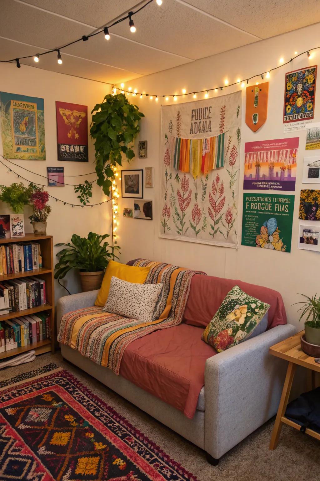 A small sectional sofa offering ample seating in this compact dorm room.