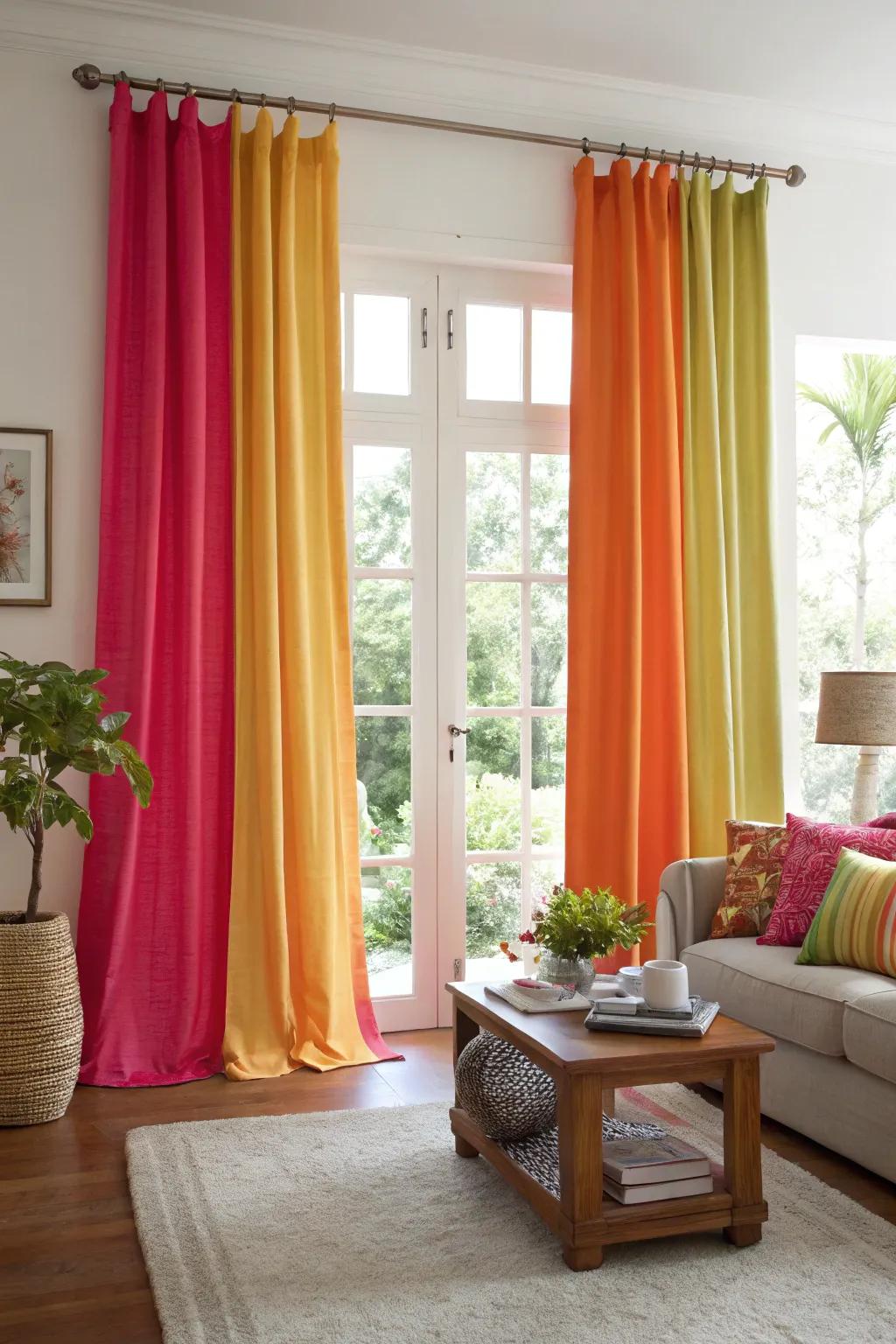 A pop of color in curtains brings vibrancy and personality to this living room.