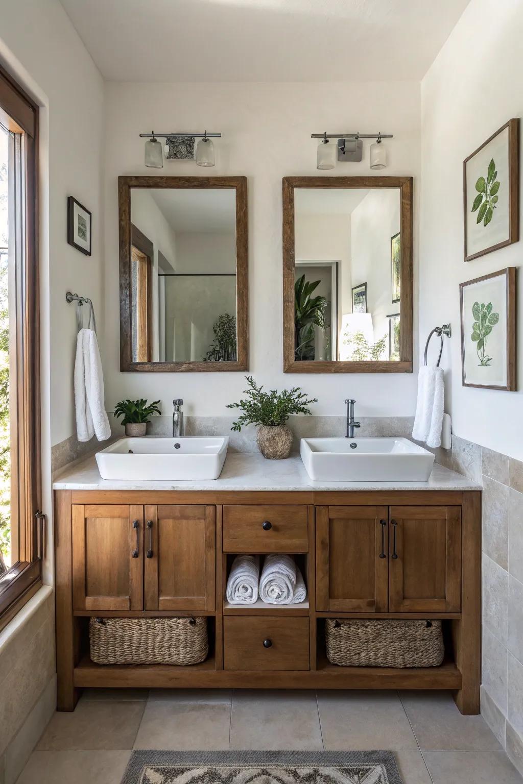 Wall-mounted faucets enhance sleekness.
