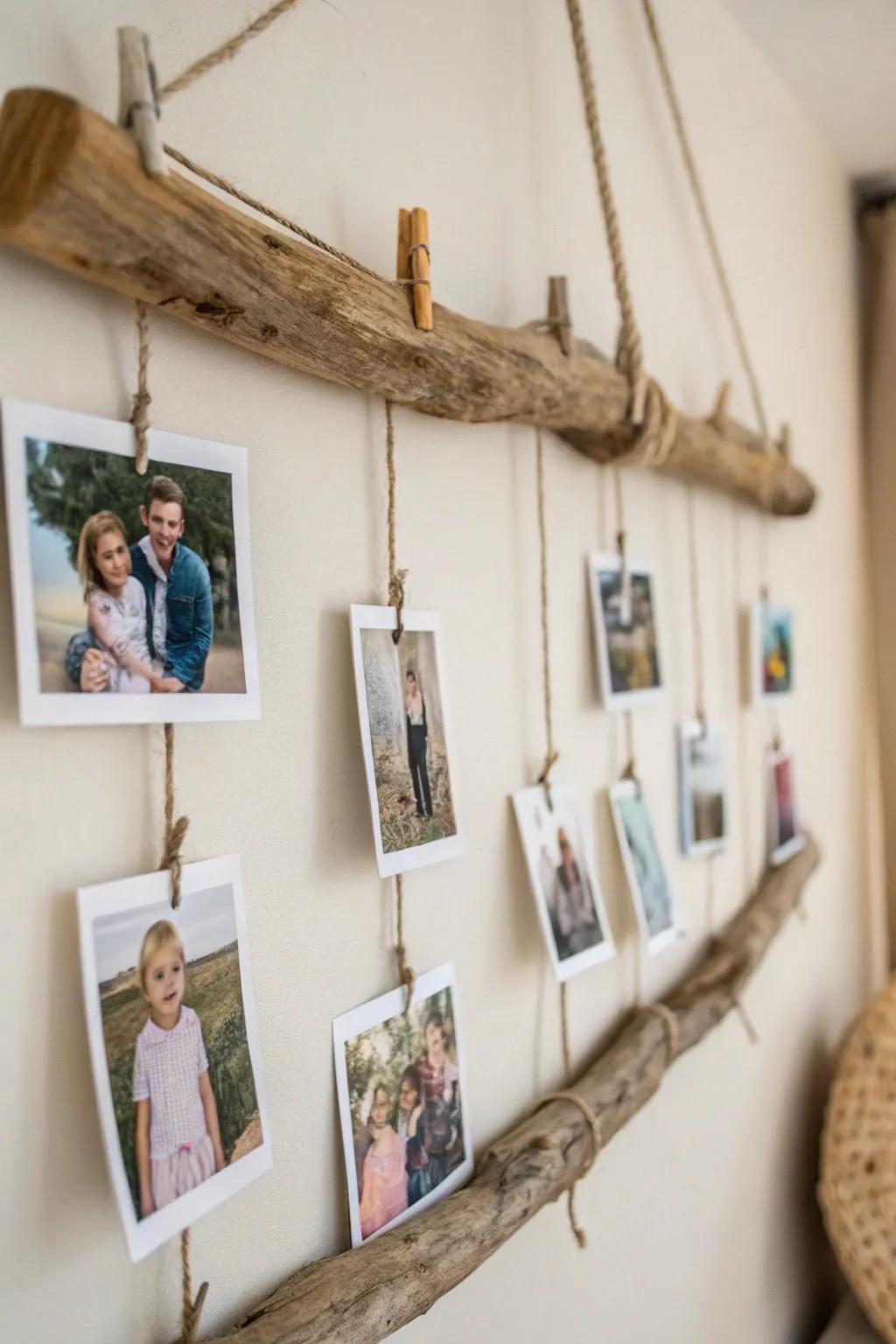 Showcase memories with a driftwood picture hanger.