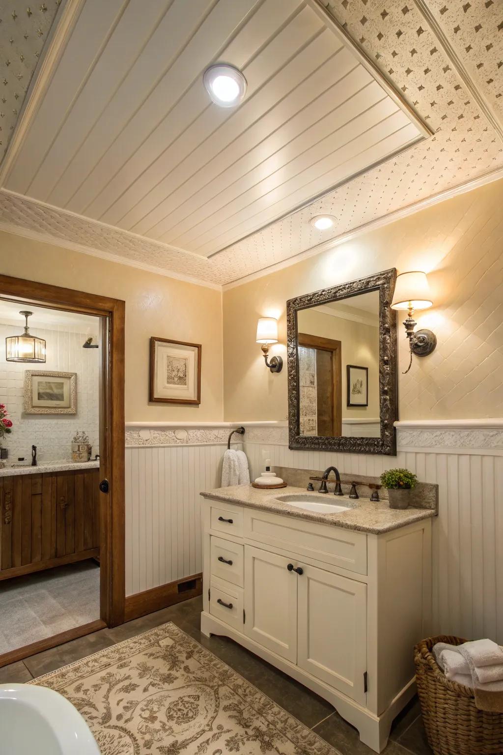 The charm of a cottage enhanced by beadboard ceiling panels.