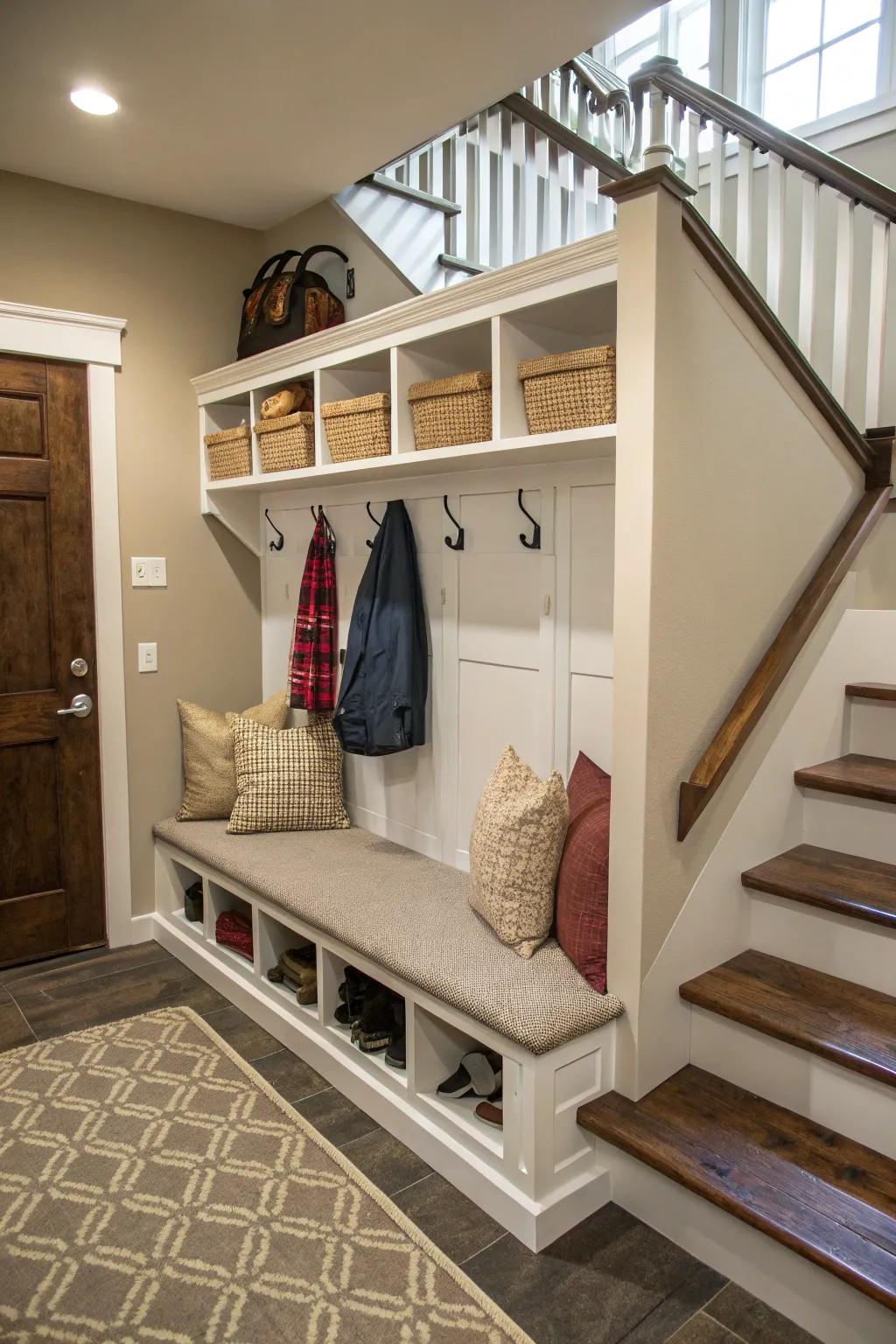 Maximize space with an understairs arrival hub.
