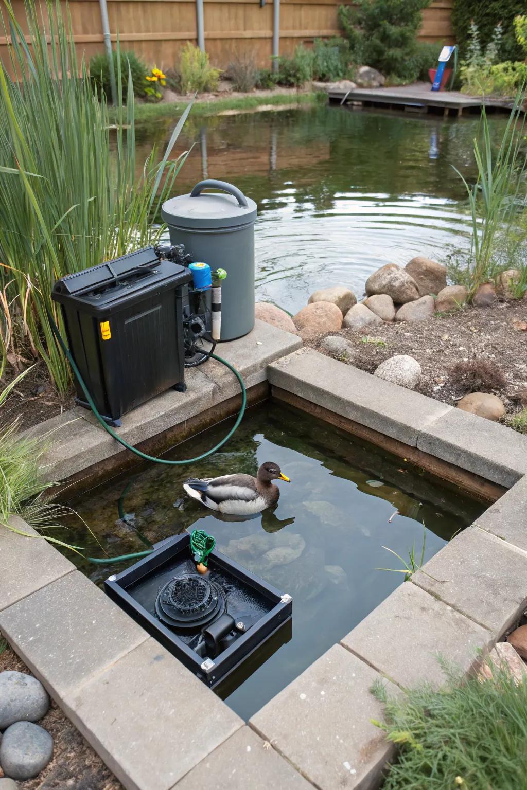 A discreet pump and purifier sustain clear, healthy pond conditions.