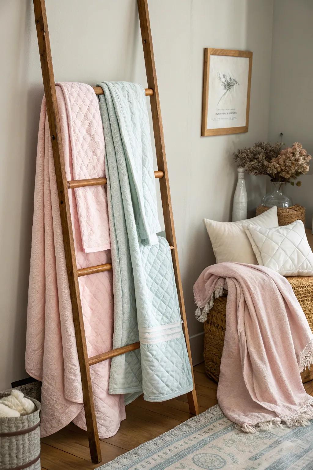 A comforter ladder presents an artistic display solution.