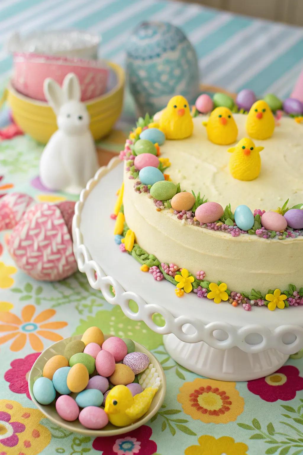 A procession of candy chicks and rabbits brings joy to this cake.