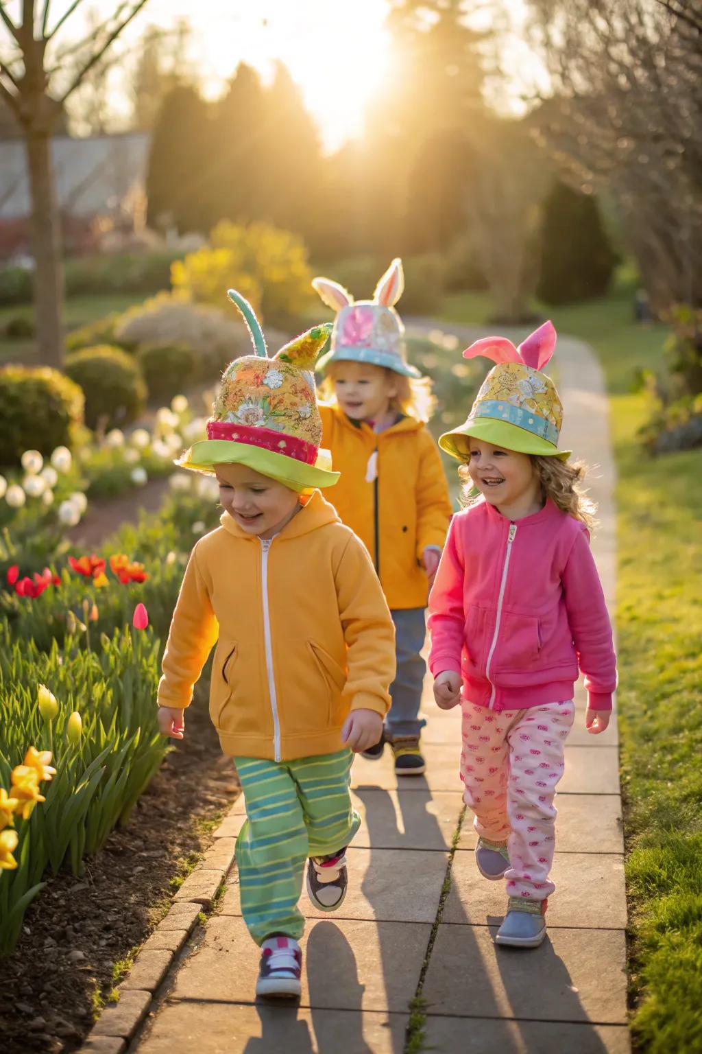 A joyous Easter parade showcasing inventive headwear.