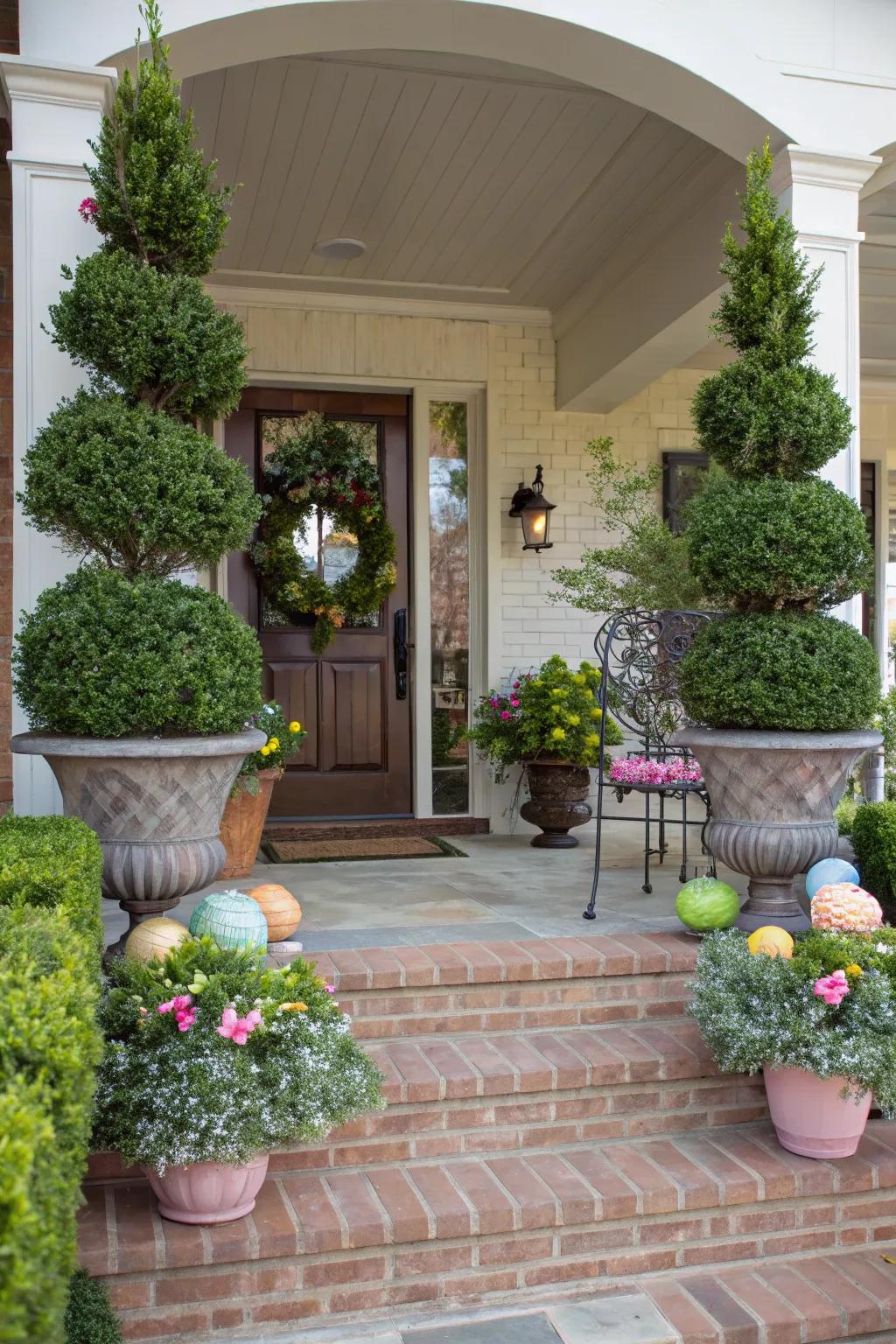 Spring topiaries provide a touch of refinement.