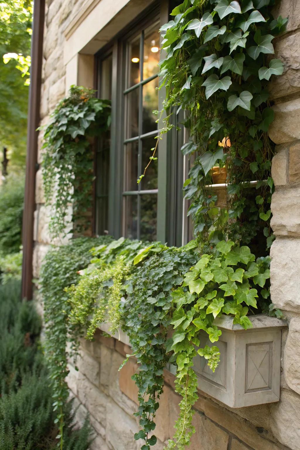 Ivy adds cascading elegance to window boxes.