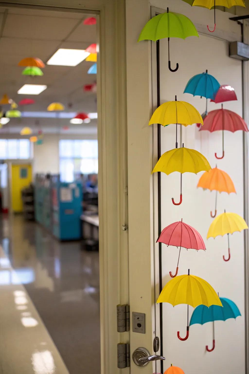 Drifting parasols dance across this classroom entrance, celebrating the whimsical nature of spring showers.