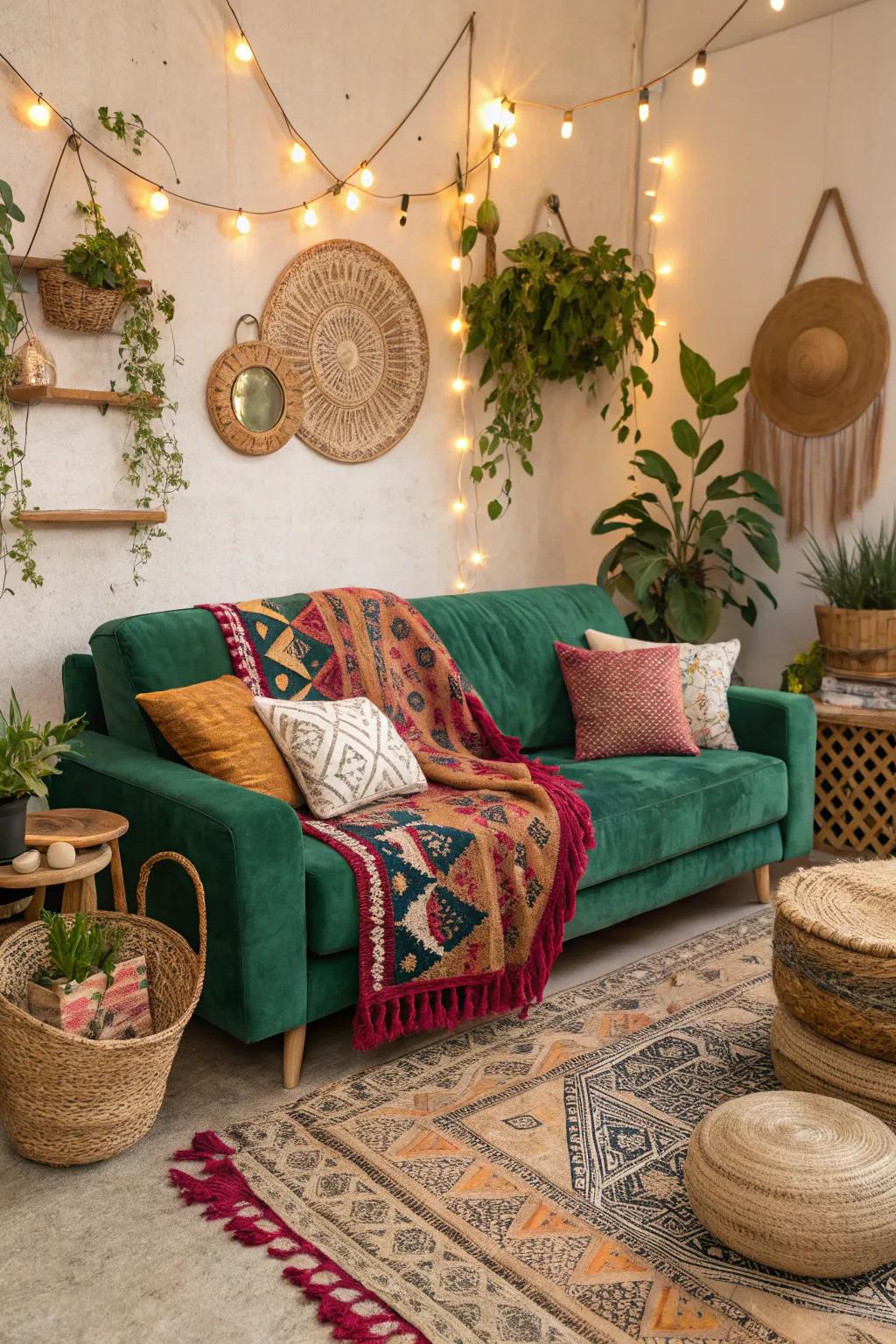 The bohemian theme is harmonious with the emerald green sofa.