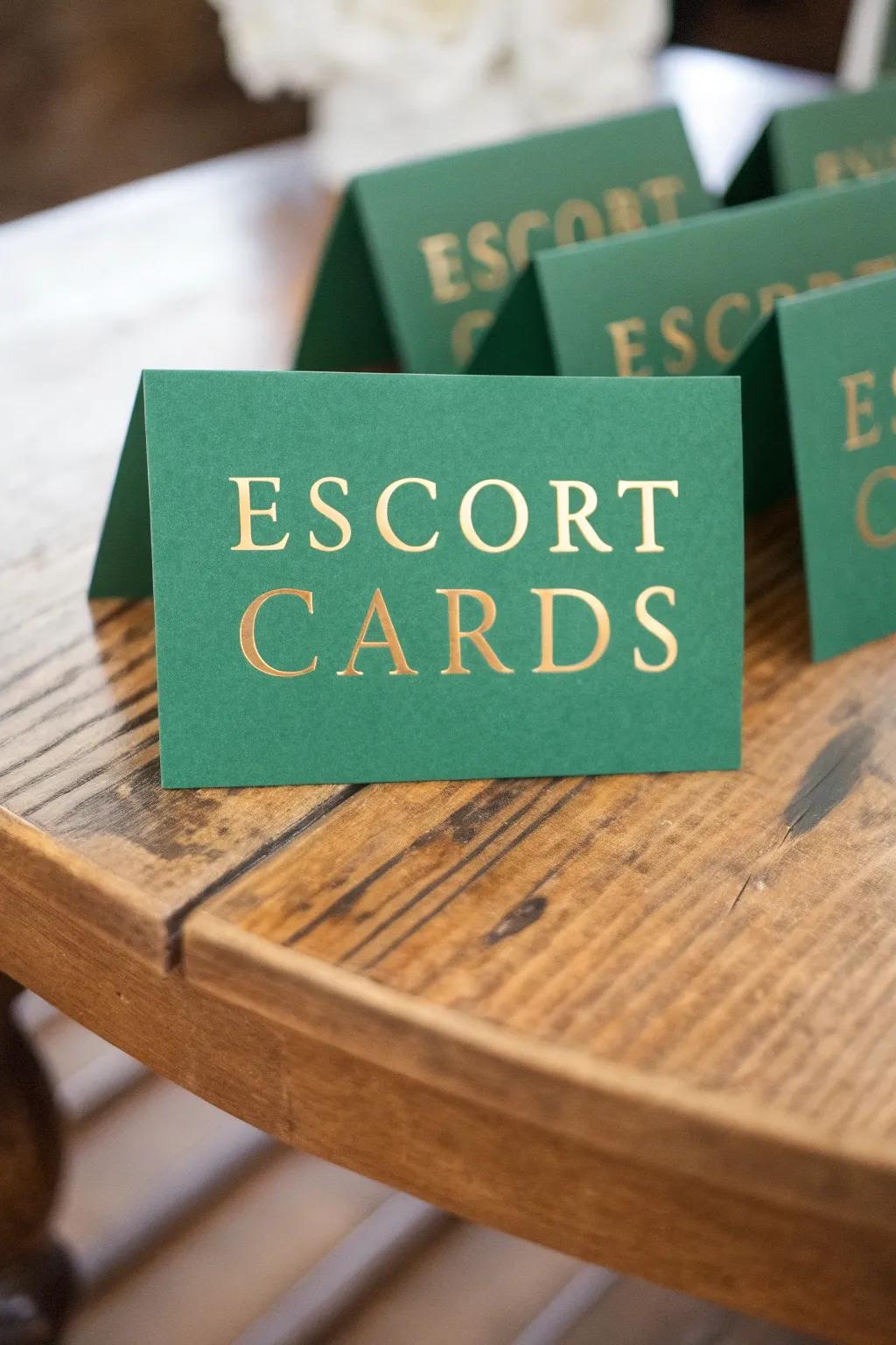 Elegant escort cards in forest and gilded.