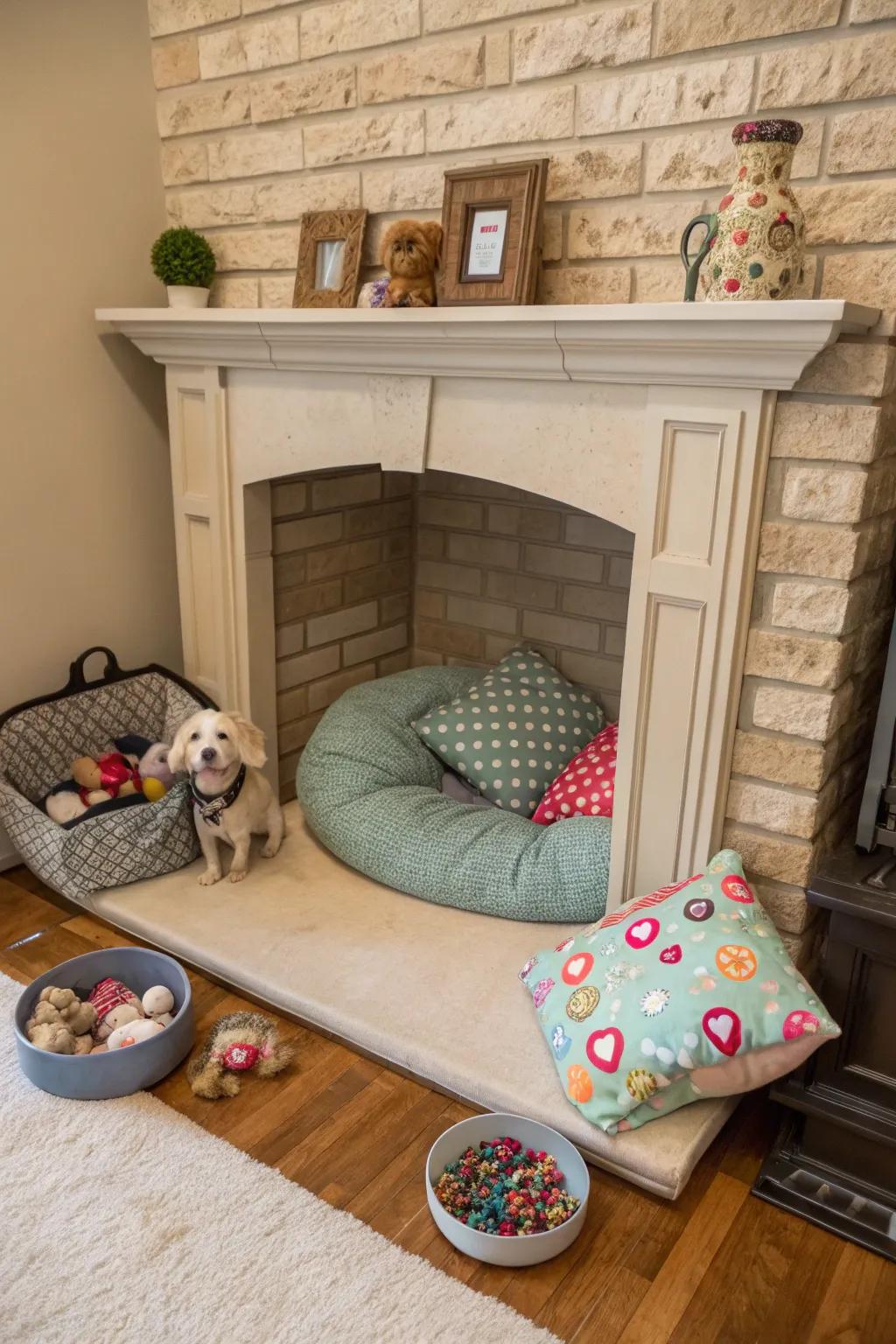 Build a snug pet corner inside your fireplace.