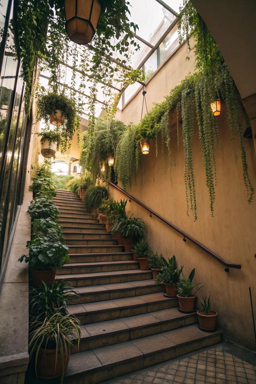 Stairwells benefit from the vitality and color of plants.