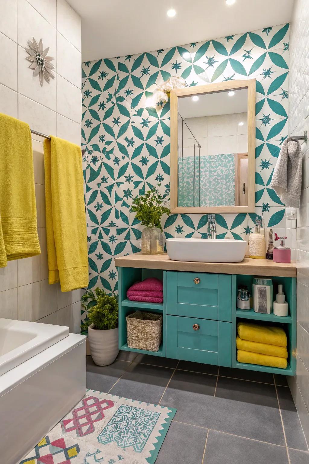 The daring use of patterns and colors infuses this ensuite with character and vitality.