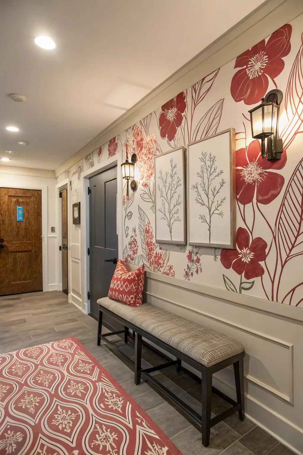 An artistic wallpaper ambiance enriches the depth and intrigue of the entryway.