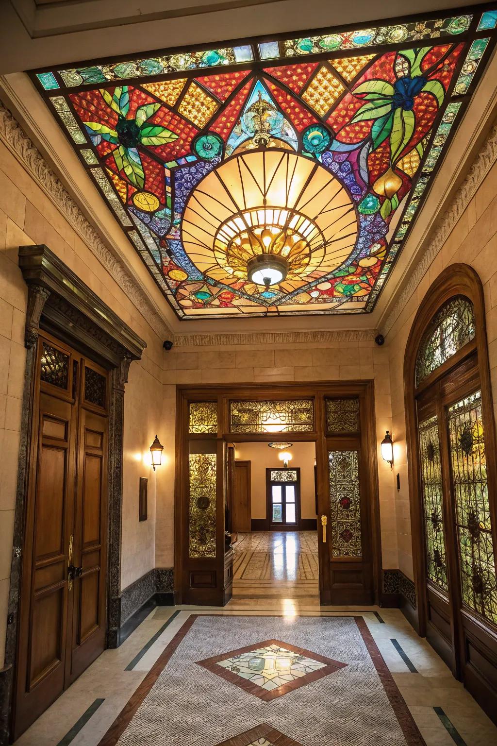 Pigmented glass ceilings infuse hue and uniqueness into your entryway.