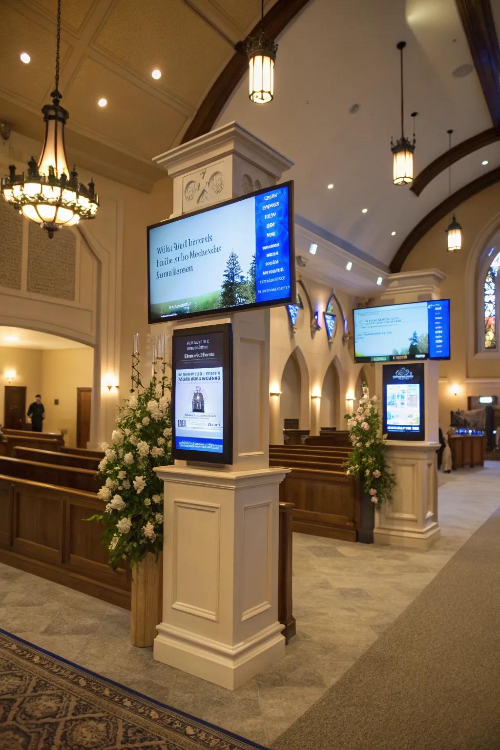 High-tech screens draw in visitors in the church foyer.