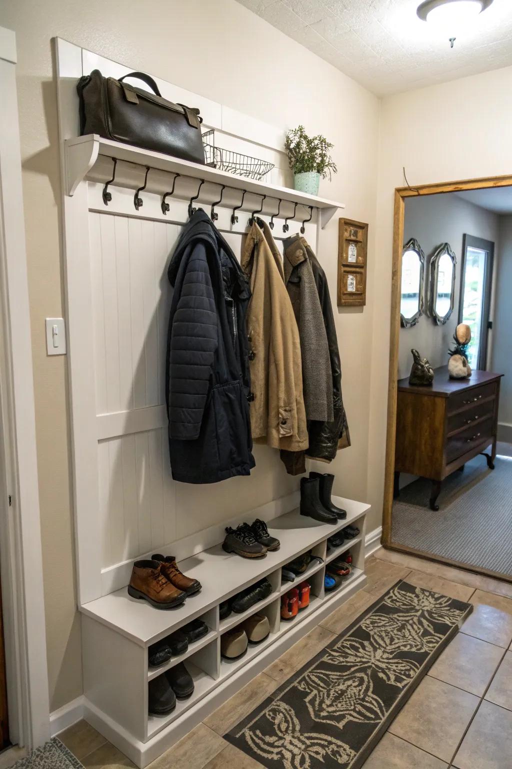 Unite storage needs through an integrated hanger for shoes and coats.