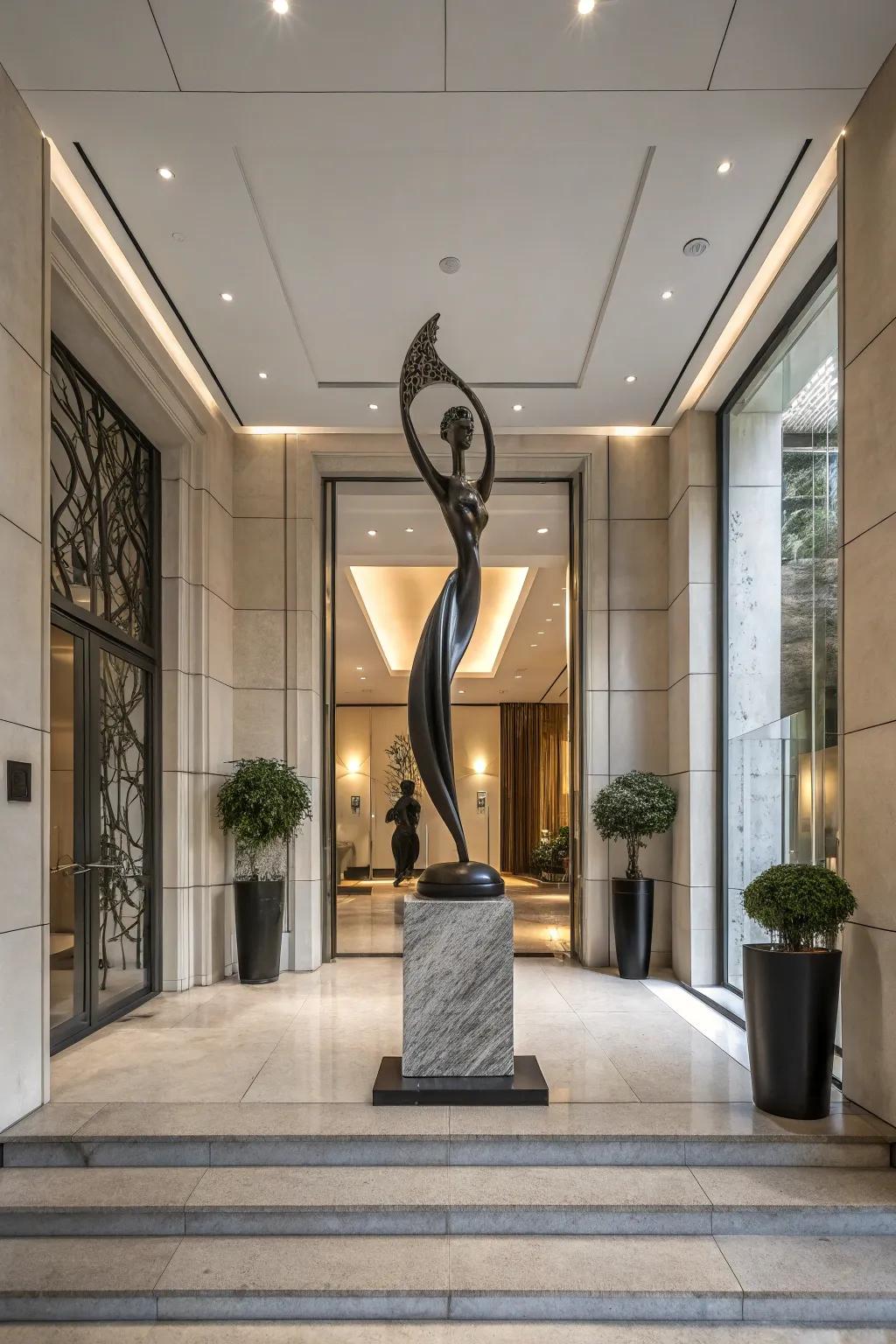Sculptures introduce an artistic, unexpected element that elevates the entryway.