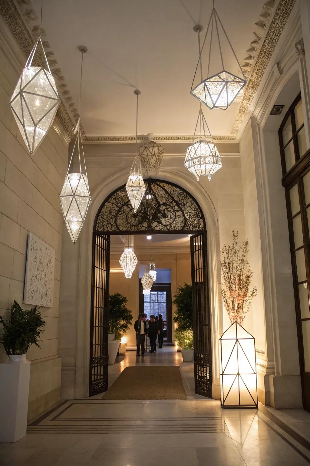 An artistic lighting installation turns into a striking focal point in this entryway.