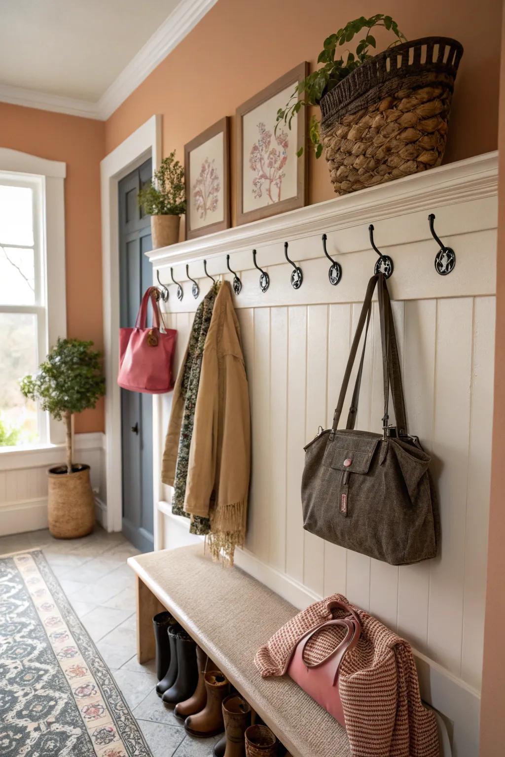 Decorative hooks enhance both functionality and style in this mudroom.