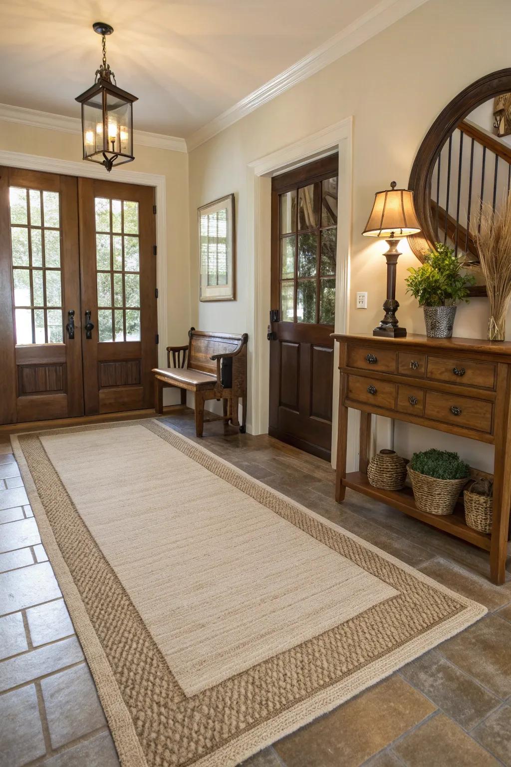 Neutral rugs furnish a tranquil and adaptable foundation in entryways.