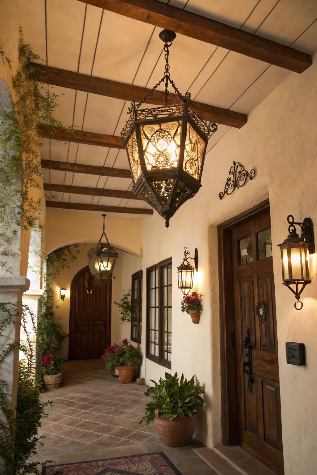 An entryway showcasing a country lantern lamp, which adds unexpected charm.
