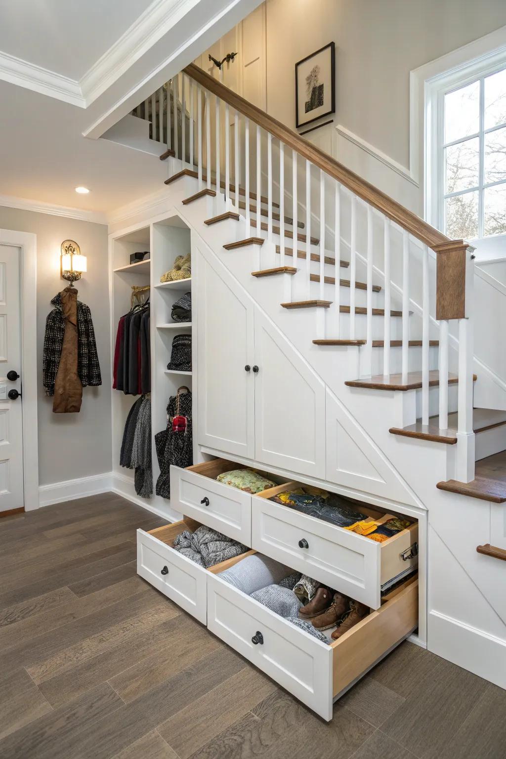 Under-stair storage optimizes vacant space efficiently.