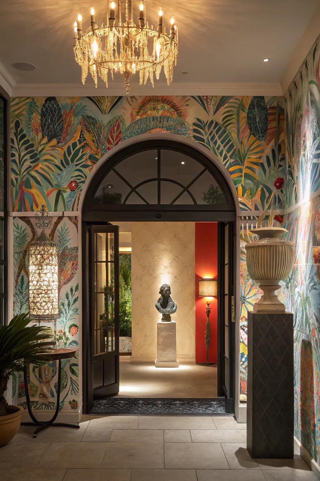 Creative entryway with mural wallpaper as an artistic masterpiece.