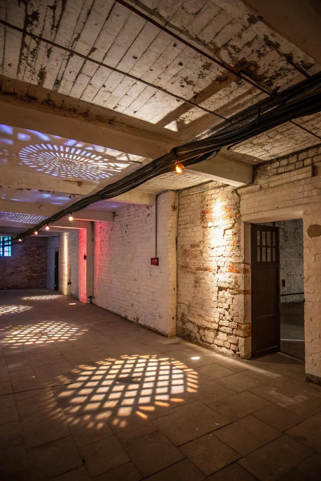 Spotlights craft a captivating light and shadow performance in a basement.