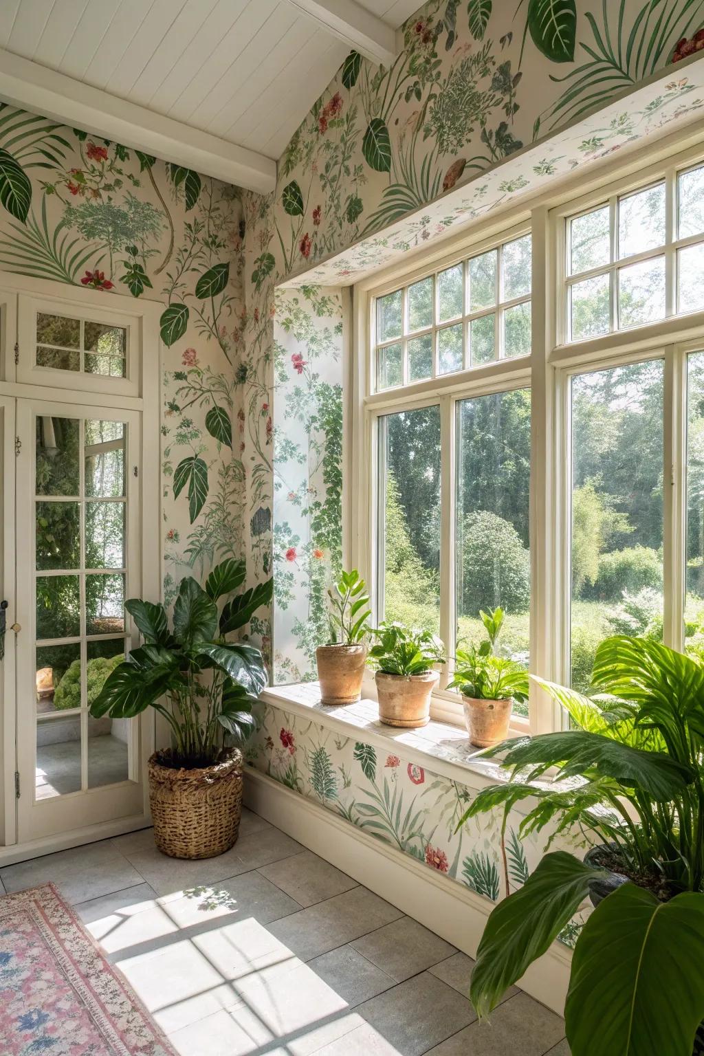 Botanical and wildlife fusion in fabric wallpaper brings the garden indoors.