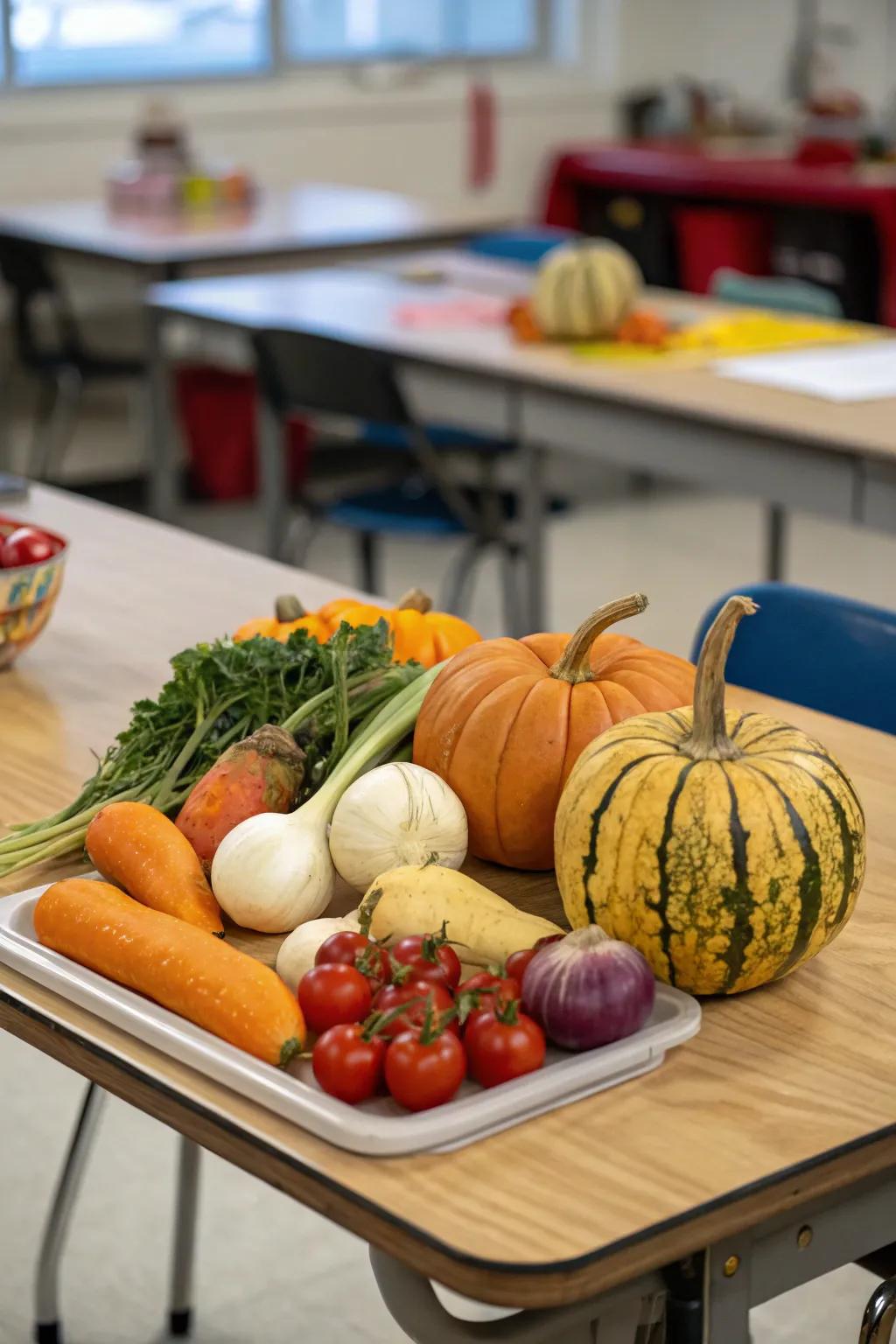 A bountiful harvest display in the classroom.