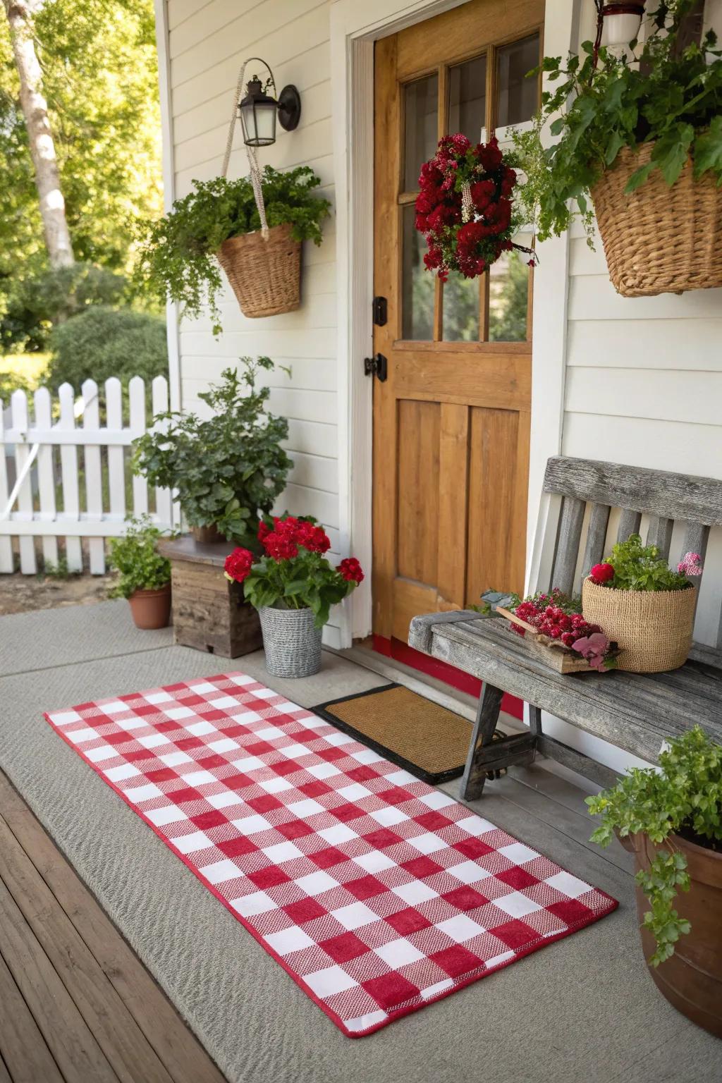 Nostalgic checkerboard front mat enhancing country charm.