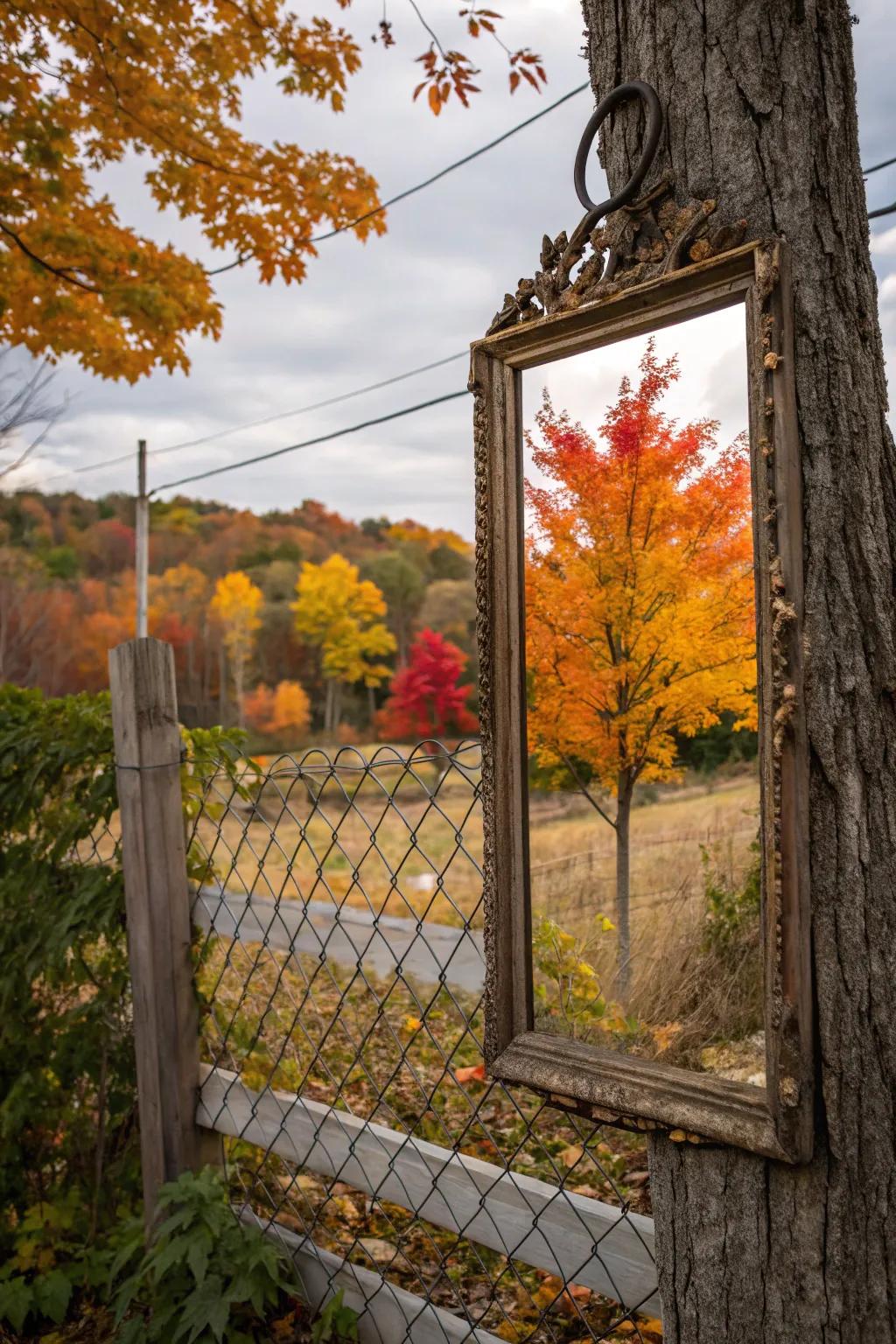A vintage glass mirrors the grandeur of autumnal vegetation upon the fence.
