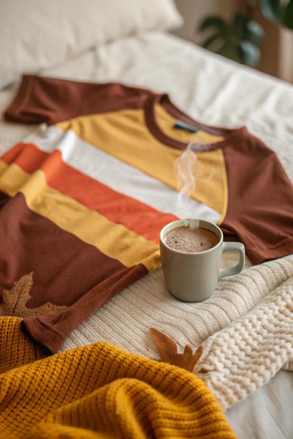 Color block shirts in warm hues are ideal for a cozy fall day.