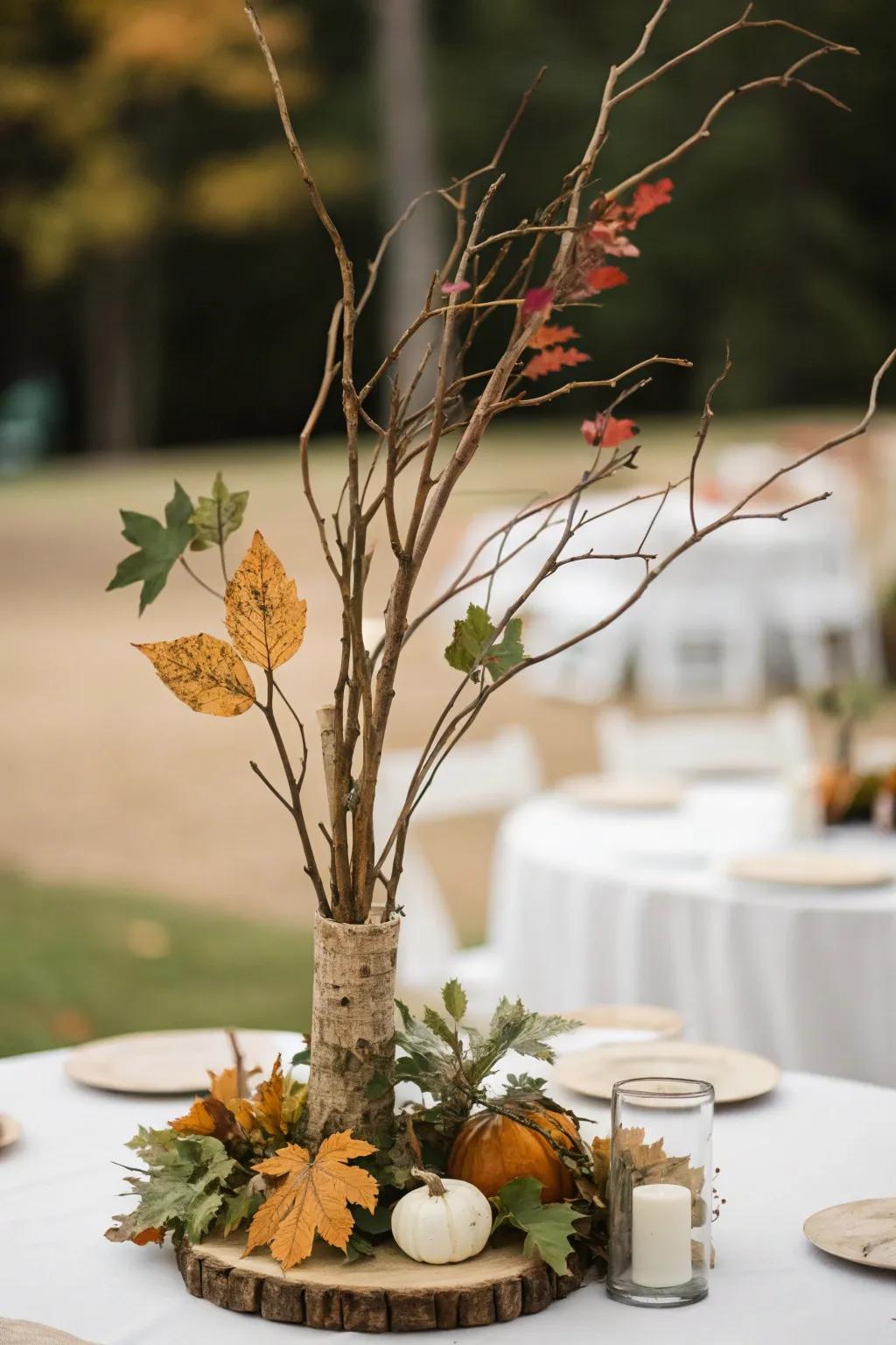 Minimalist elegance with natural elements like twigs and leaves for a fall wedding centerpiece.