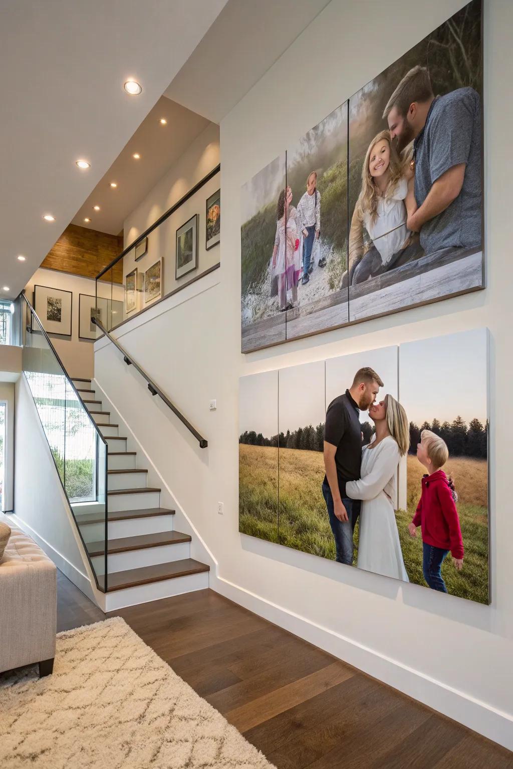 Big canvas prints make a modern point of interest on the family wall.