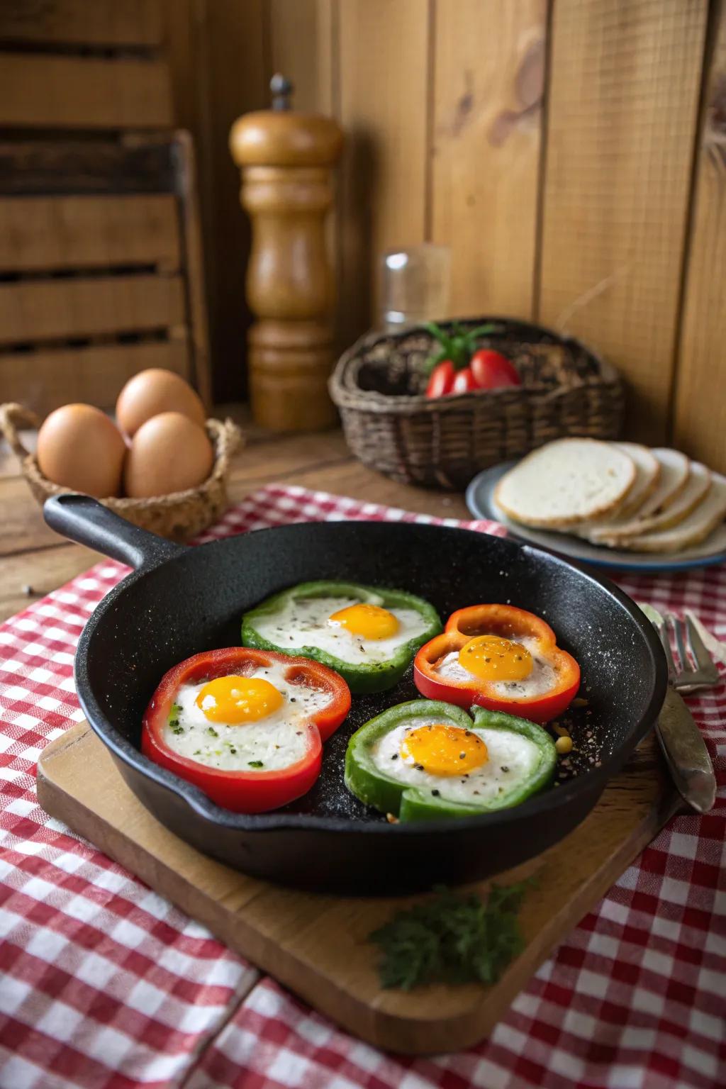 Eggs in bell pepper rings provide a vibrant and wholesome option.