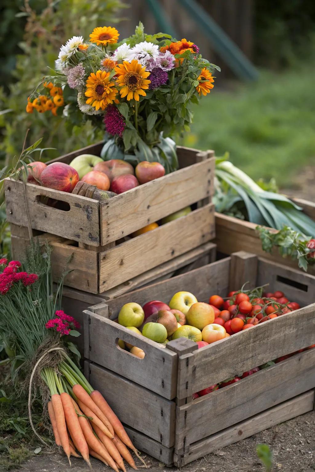 Classic storing boxes filled with yield fashion an abundant centerpiece.