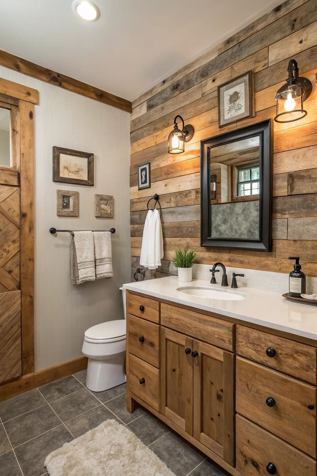 A showpiece wall lends personality and distinctiveness to a farmhouse bathroom.