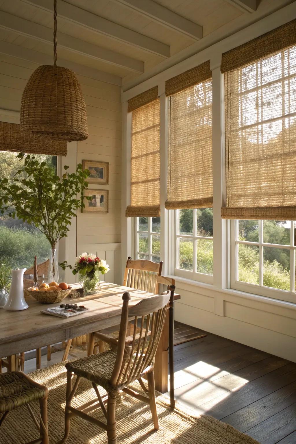 Woven wood blinds providing texture and warmth in a sunny farmhouse dining area.