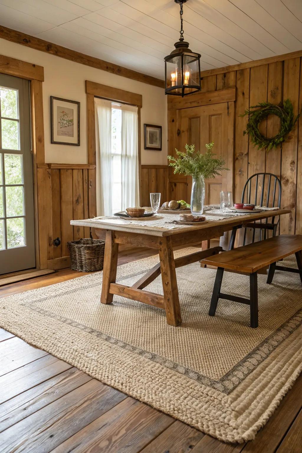 A natural weave rug adds warmth and texture to this welcoming farmhouse dining space.
