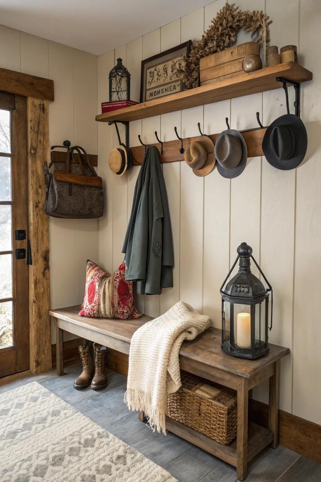 A functional and fashionable farmhouse entryway featuring a wall-mounted coat rack.