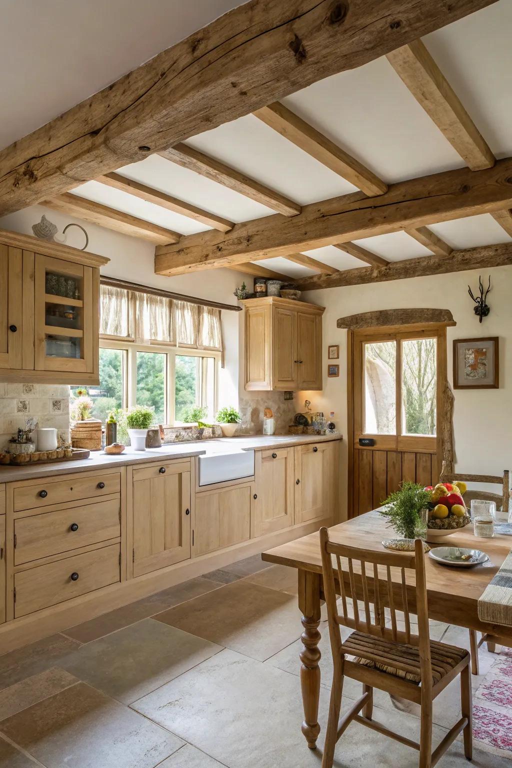 Rustic transoms heighten the country-style sensation of a cooking area showcasing pale timber fittings.