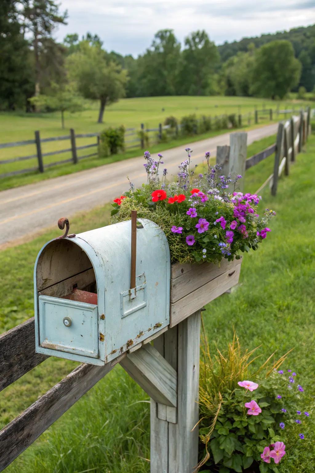 A planter adds vibrant greenery to this farmhouse mailbox.