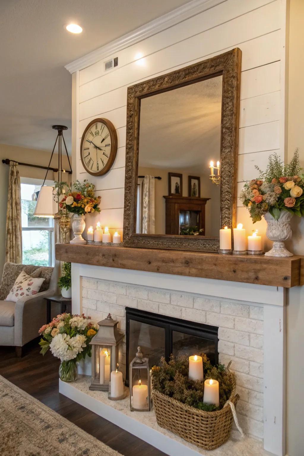 A statement mirror adds elegance and enhances the space above the mantel.