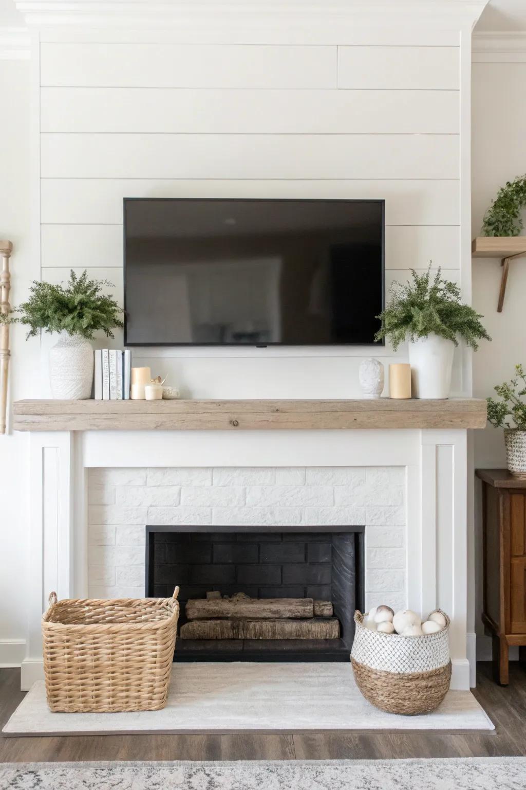 A minimalist farmhouse mantel beneath a TV, showcasing straightforward and elegant decor.