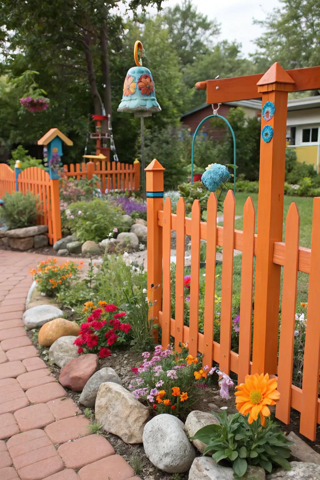 Orange fences add a fun and creative flair to gardens.